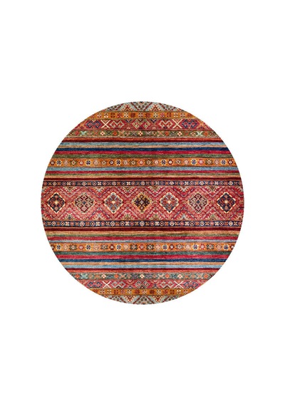 Etnik Kilim Desenli Pamuk Taban Yıkanabilir Baskılı Dekoratif Yuvarlak Halı Kırmızı