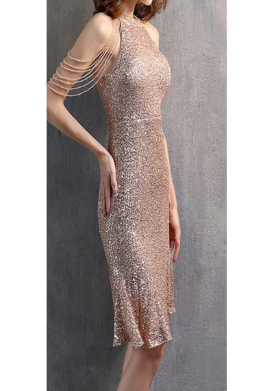 Hanife Glam Couture Hanife Glam Boncuk Detaylı Pulpayet Abiye Elbise Gold