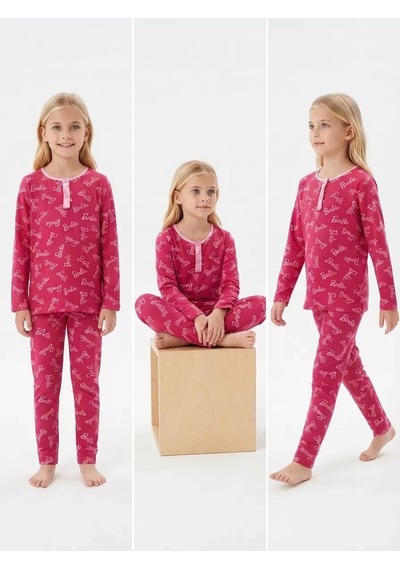 Veraura Lifestyle 6/14 Yaş Yazı Baskılı Pamuk Penye Çocuk Pijama Takımı Fuşya