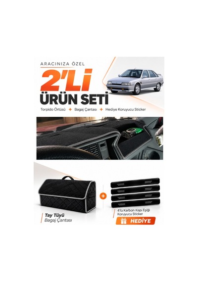 Renault 21 Concorde 1990-1996 Uyumlu Torpido Örtüsü + Tay Tüyü Bagaj Çantası Seti - Siyah Gri