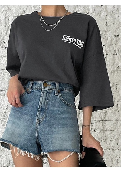 Flood Of Style Kadın Füme Oversize Limited Time Baskılı Tshirt Gri