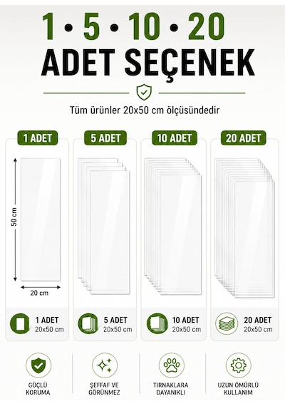 Kedi Koltuk Tırmalama Koruyucu Şeffaf Yapışkanlı Mobilya Tırmalama Önleyici Bandı 20x50 Cm 20 Adet
