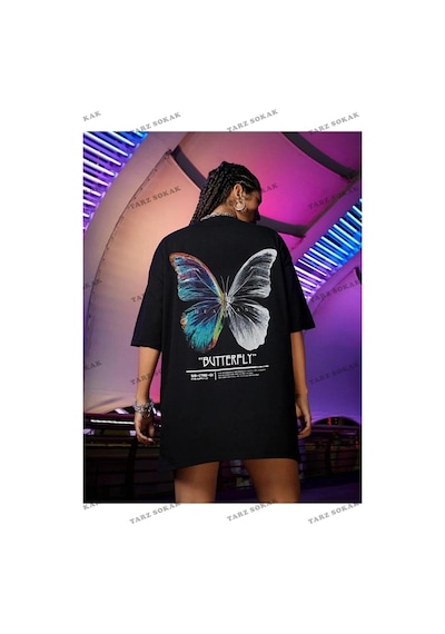 Tarzsokak Kadın Beyaz Butterfly Ön Arka Baskılı Oversize Siyah