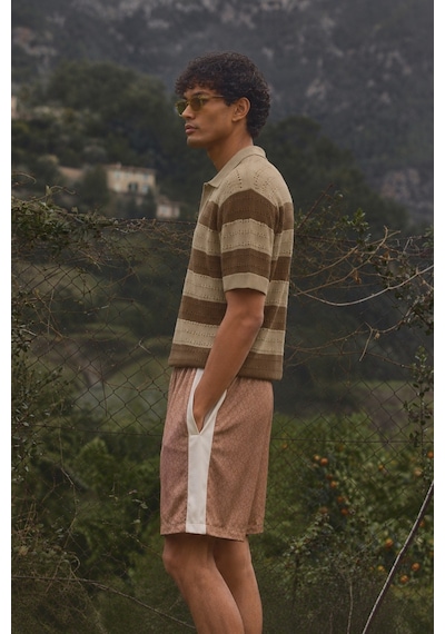 Tarz Cool Erkek Oversize Kalın Örgü Polo Yaka Triko Fileli Tişört Çizgili Vintage Yazlık Rahat Fit Bej