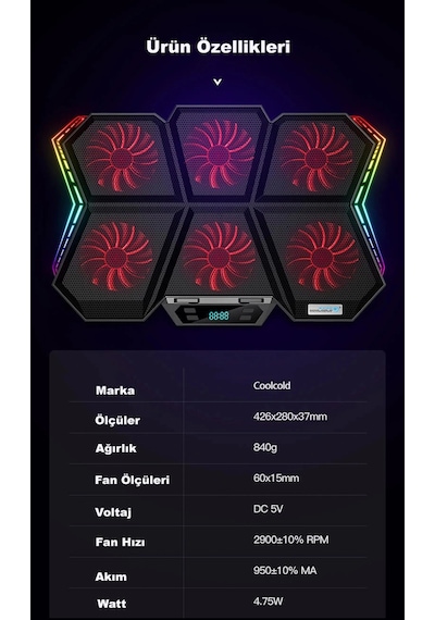 Coolcold Led K40 6 Fanlı 17 İnç Rgb Laptop Notebook Soğutucu Stand