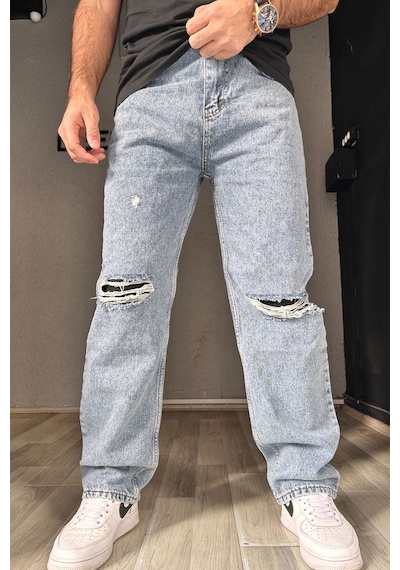 Erkek Yırtıklı Baggy Pantolon Mavi