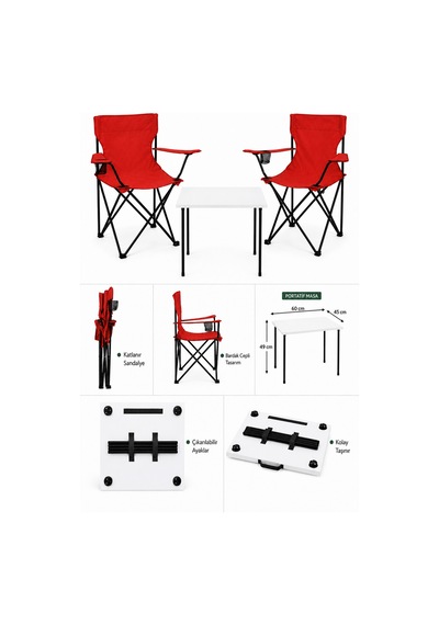 2 Sandalyeli Katlanır Kamp Masa Sandalye Seti 60x45 Cm 3 Parça Beyaz-kırmızı