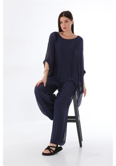 Bohem Stil İtalyan Yarasa Kollu İpek Bluz-9220 Lacivert