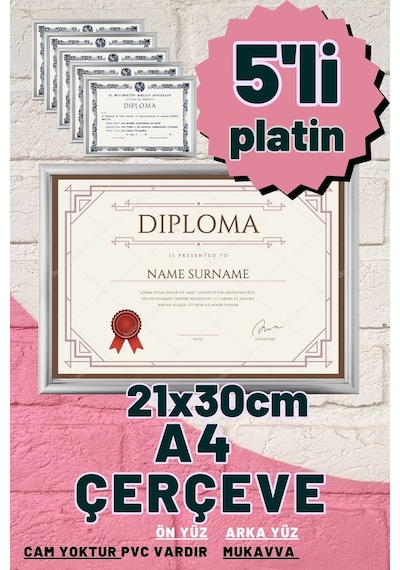 Gri-5 Adet A4 Çerçeve Diploma Belge Sertifika Fotoğraf Resim Çerçevesi Pvc 5 Li Platin