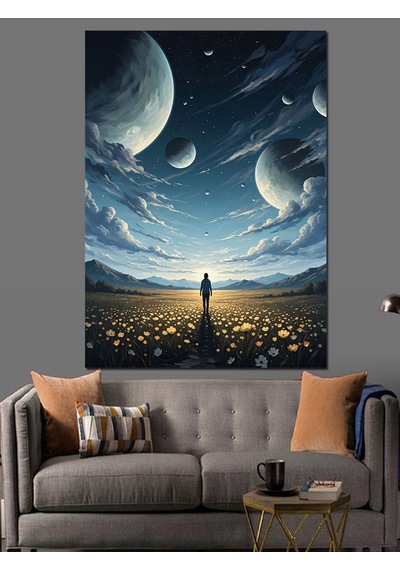Uzayda Yol Alan Küçük Astronot Dekoratif Kanvas - Mdf Ahşap Tablo