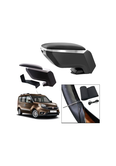 Lüks Set Fiat Doblo 2 2012 Delmesiz Çelik Ayaklı Gri-siyah Kolçak Kol Dayama, Direksiyon Kılıfı