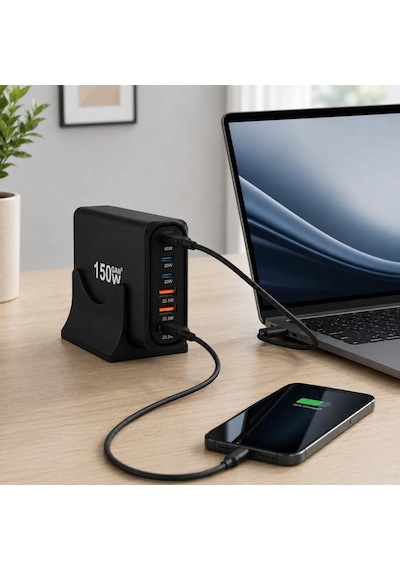 150w Gan Hızlı Şarj İstasyonu, 6 Portlu Masaüstü Şarj Aleti, 3 Usb-c Type-c Ve 3 Usb-a Girişli Çoklu Adaptör, Telefon Tablet Laptop İçin Akıllı Güç Dağıtımlı Şarj Cihazı