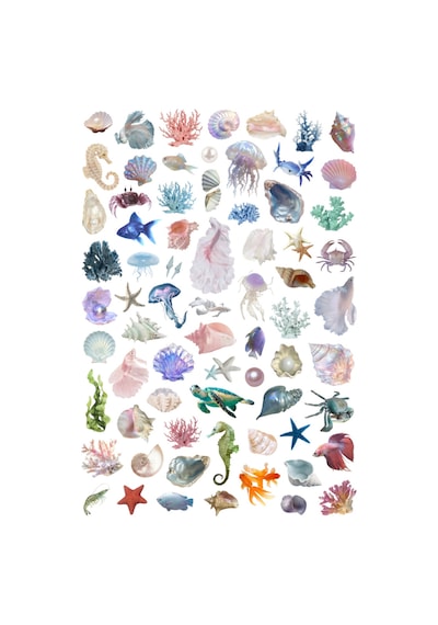 69 Adet Deniz Canlıları Aqua Su Altı Dünyası Sticker Seti - Etiket Seti Scrapbook Bullet Journal Çok Renkli