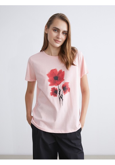 Lcwaıkıkı Classic Pembe Çiçekli %100 Pamuklu Kadın Tişört