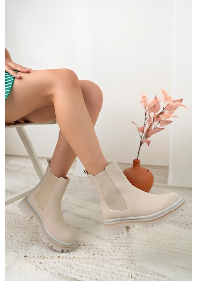 Nesil Shoes Dvm 5004 Bej Çift Lastikli Kadın Bot-bej Bej