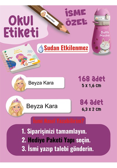 Okul Etiketi Kalem Defter Etiketi Barbi Temalı Özel İsim Yazılabilen Etiket - 252adet