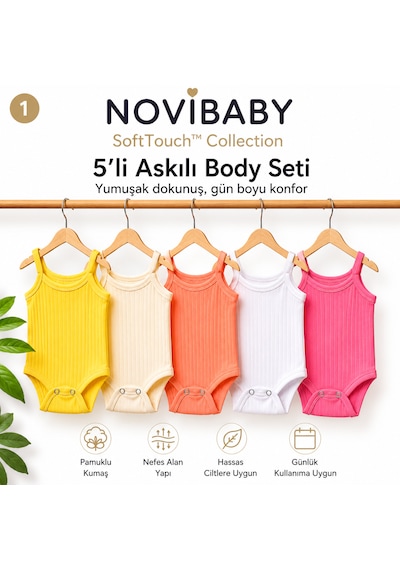 Novibaby 5'li İp Askılı Bebek Body Seti Pamuklu Çıtçıtlı Yazlık Zıbın Çocuk I Softtouch Collection Çok Renkli