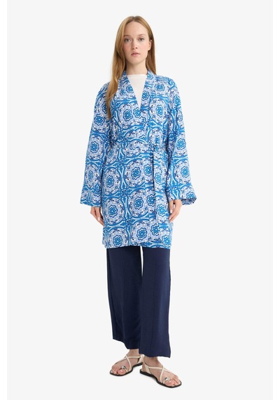 Defacto Relax Fit Bisiklet Yaka Desenli Viskon Kimono E7262ax25smbe43 Mavi