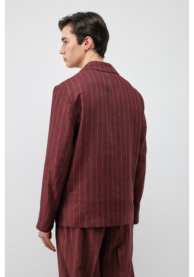 Antioch Keten Karışımlı Çizgili Erkek Blazer Ceket Bordo
