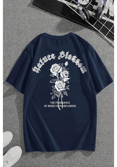 Uyguntarz Nature Blossom Baskılı Unisex Oversize Tshirt Lacivert