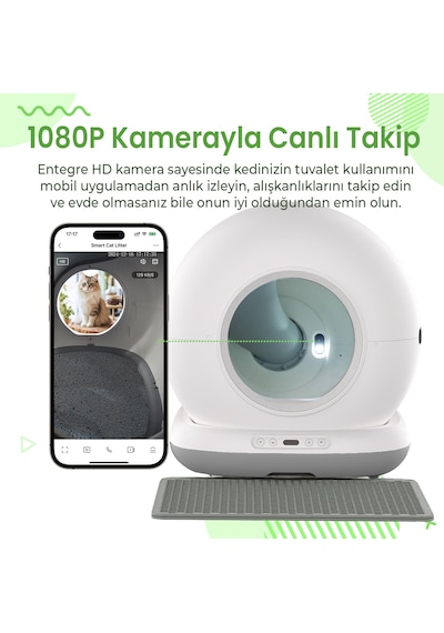 Haustier Cb002 Gri Kameralı Akıllı Otomatik Kedi Tuvaleti, App İle Uzaktan Kontrol, 72lt Hazne, 7lt Çöp Haznesi