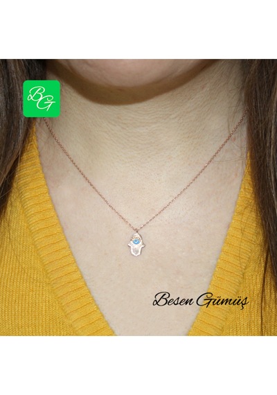 Mineli Nazar Boncuklu Fatmanın Eli Kolye Rose - Gold -  Gümüş