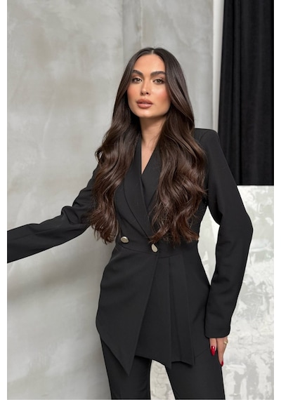 Msm Fashion Kadın İkili Blazer Ceket Pantolon Takım Pile Ve Düğme Detaylı Boru Paça Siyah