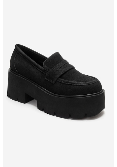Luvishoes Santıa Siyah Süet Kadın Kalın Tabanlı Loafer Ayakkabı Siyah