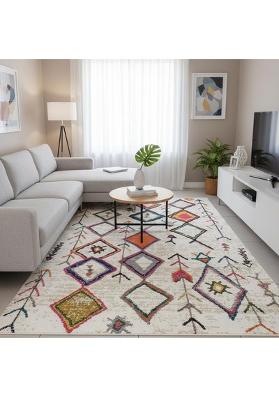 Krem Çok Renkli Boho Motifli Dijital Baskılı Halı Kaymaz Tabanlı, Geometrik Modern Desenli Salon