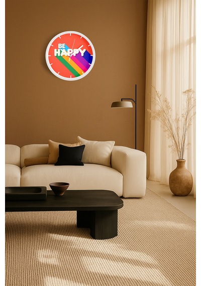 Modern Yazılı Tasarım - Be Happy Duvar Saati - 30cm - Önü Camlı Beyaz Kasa - Sessiz Mekanizma Beyaz