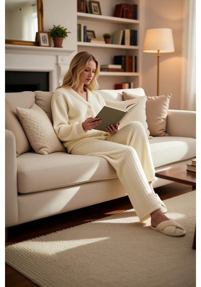 Benerly Kadın V Yaka Uzun Kol Regular Kalıp Wellsoft Örme Pijama Takımı F ekru