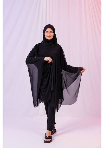 Tarzını Seç Kısa Kimono Pareo - Tesettür Pareo - Esnek Likralı Tül Siyah 180x135 Cm Çok Renkli