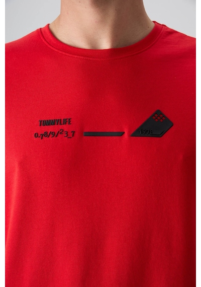 Tommy Life Fiesta Pamuklu Kalın Yumuşak Dokulu Oversize Fit Baskılı Erkek T-shirt - 88330 Kirmizi