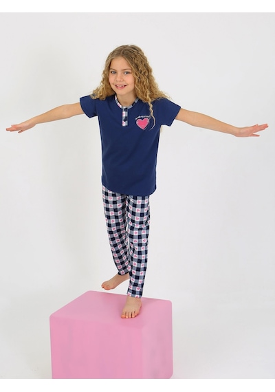 Kız Çocuk Kısa Kollu Düğme Detaylı %100 Pamuklu Pijama Takımı Special Love Lacivert