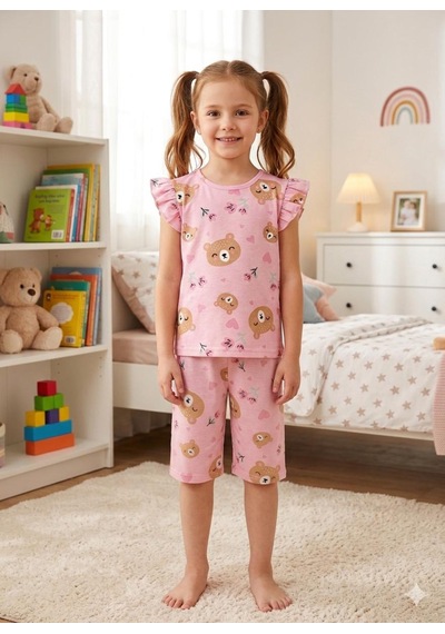 Aliş Kids Kız Çocuk Pamuklu Pembe Ayıcık Kalp Desenli Kolları Fırfırlı Kısa Kollu Şortlu Yazlık Pijama Takımı Aliş Kids Kız Çocuk Pamuklu Pembe Ayıcık Kalp Desenli Kolları Fırfırlı Kısa Kollu Şortlu Yazlık Pijama Takımı