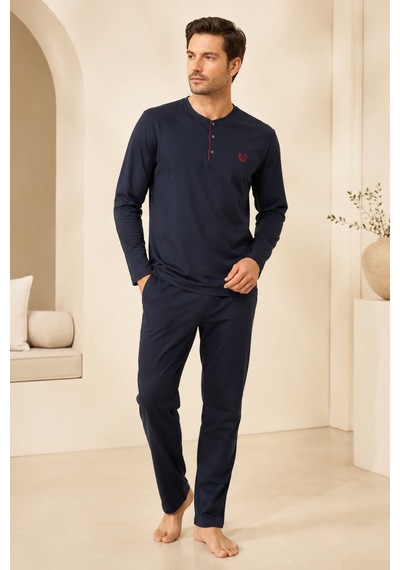 Loule Erkek Lacivert %100 Pamuk Penye Uzun Kollu Pijama Takımı