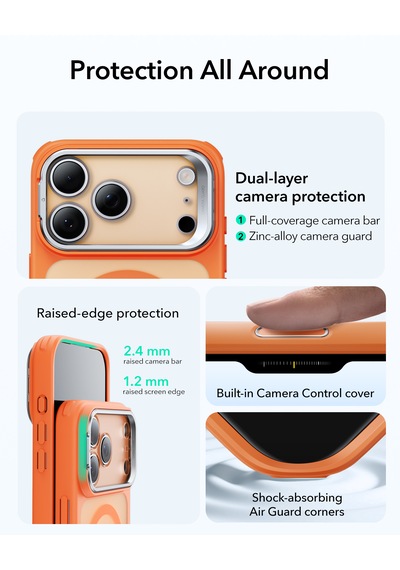 Esr Apple Uyumlu iPhone 17 Pro Classic Hybrid Magsafe Standlı Kılıf - Kamera Kontrol Buton - Turuncu Turuncu
