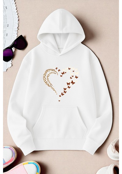 Uyguntarz Unisex Leopar Kalp Desenli Baskılı Oversize Sweatshirt beyaz