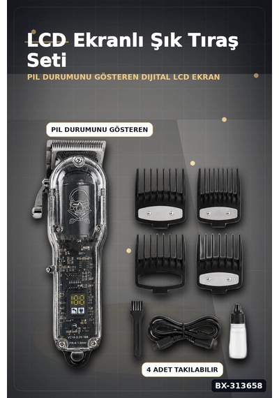 Lcd Ekranlı 1800 Mah Şarjlı Saç Kesme Makinesi Usb Şarjlı 4 Taraklı Tıraş Makinesi Seti Bx-313658