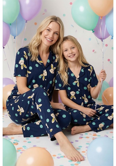 Siyah İnci Pamuklu Likralı Düğmeli Pijama Takım Lacivert