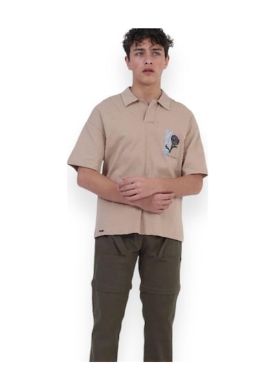 Zekids Erkek Çocuk Pamuklu Rahat Kesim Oversize Polo Yaka Tshırt-11813-bej Bej