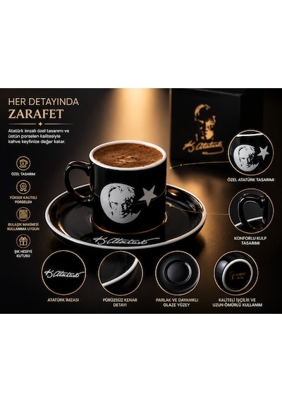 6 Lı Atatürk Temalı Türk Kahvesi Fincan Takımı Siyah Premium Porselen Kahve Seti & Özel Hediye Konsepti