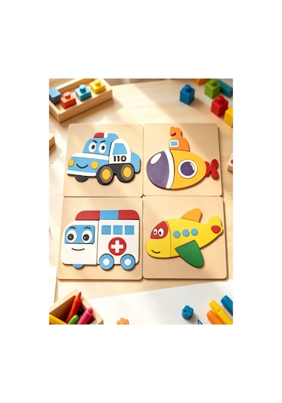 Bebek 4'lü Puzzel Pla Araçlar Temalı 3d Puzzle Seti