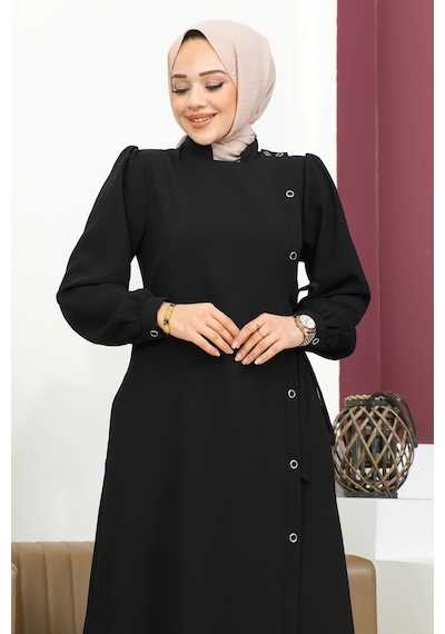 Nevayla Moda Bağlamalı Çıt Çıt Detaylı Ferace - Siyah