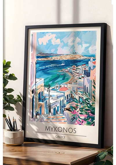 Yunanistan Mykonos Temalı Çerçeveli Tablo Travel Serisi Modern İllüstrasyon Ada Duvar Dekoru Siyah