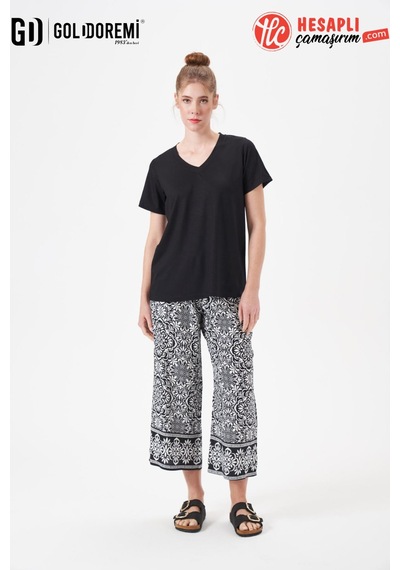 Gd Goldoremi 29063 Premium Kadın V Yaka Rahat Kalıp Desenli Bol Paça Kısa Kollu Pijama Takım Siyah Gd Goldoremi 29063 Premium Kadın V Yaka Rahat Kalıp Desenli Bol Paça Kısa Kollu Pijama Takım Siyah