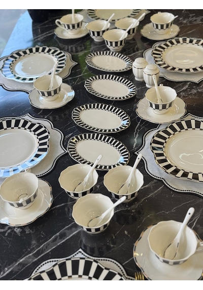 42 Parça Black Piyano Porselen Kahvaltı Takımı-4811 Siyah