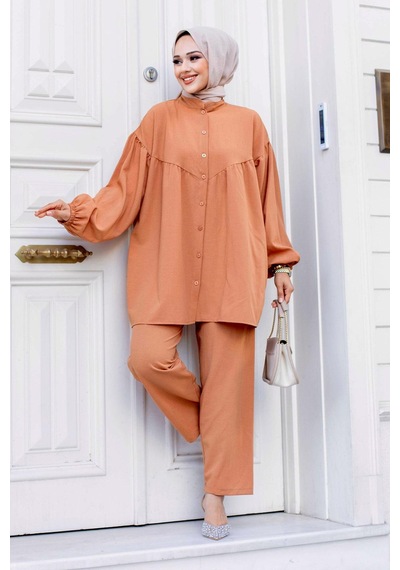 Misskayle Balon Kol Tesettür Camel Takım Camel