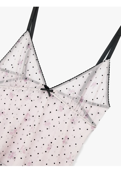 Koton Puantiyeli V Yaka Slim Fit Fiyonklu Tüllü Crop Pijama Üstü Pembe Desenli 7wlk90004mk