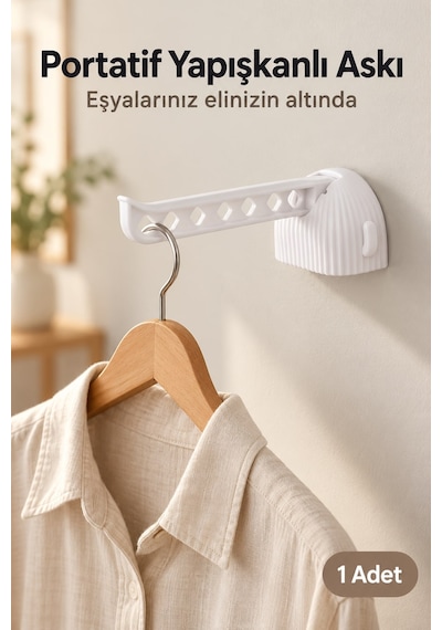 Portatif Katlanır Askı Beyaz Delikli Kollu Kendinden Yapışkanlı